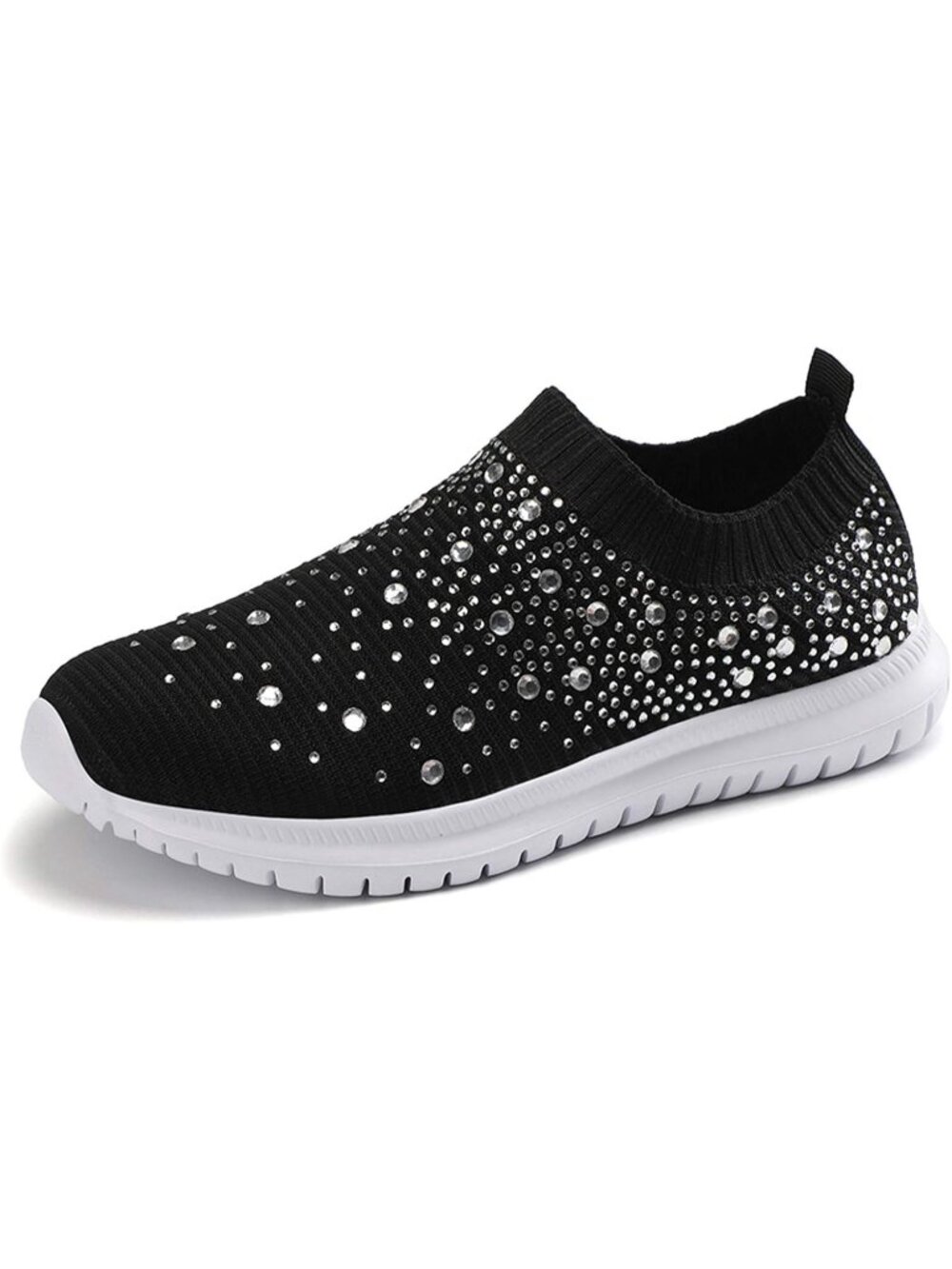 Women's Black Mesh Rhinestone Glitter Slip On Ballroom Jazz Latin Sock Sneakers